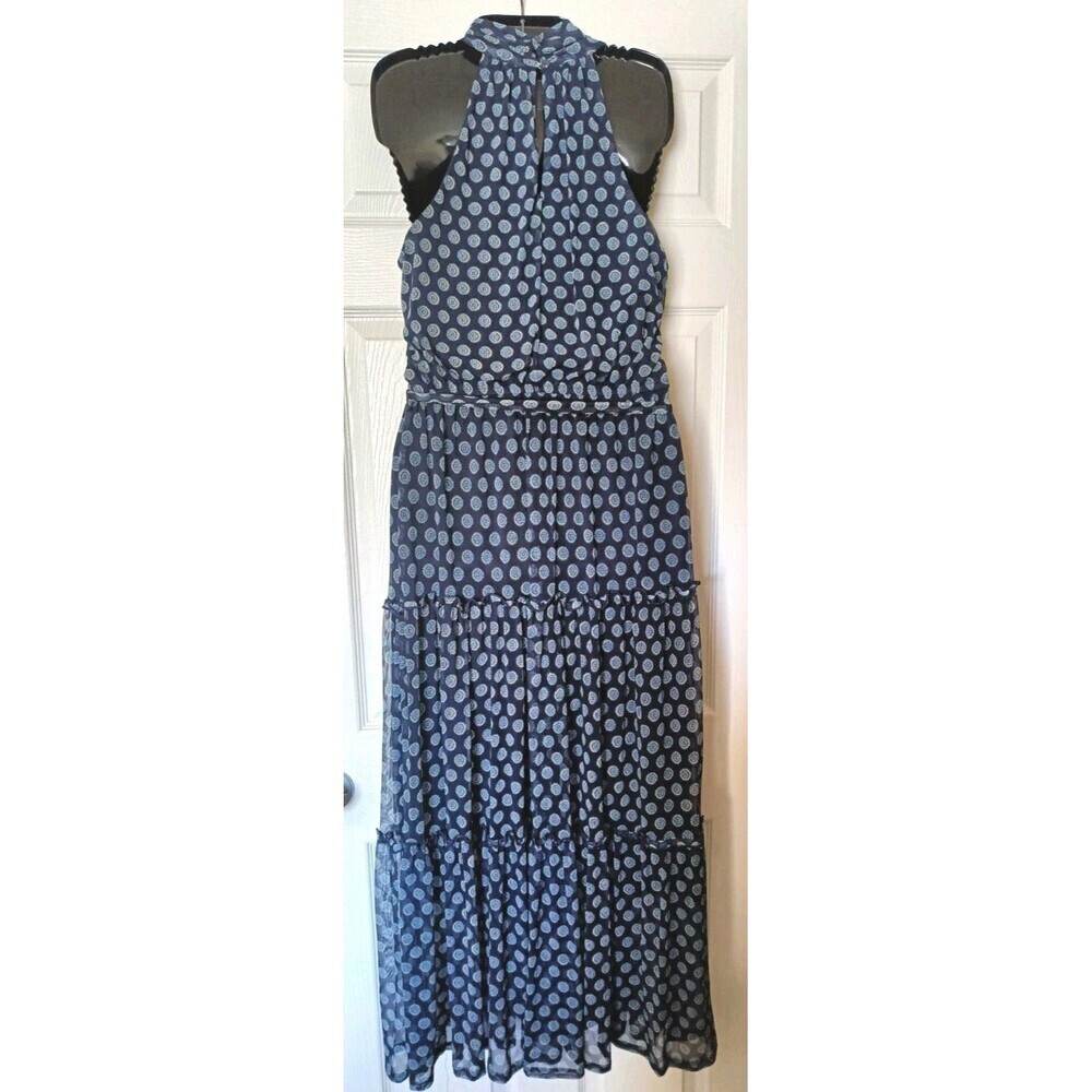 Kate and Lily Tiered Maxi Dress Size 12 Navy Blue High Neck Medallion Belted New - Picture 2 of 7